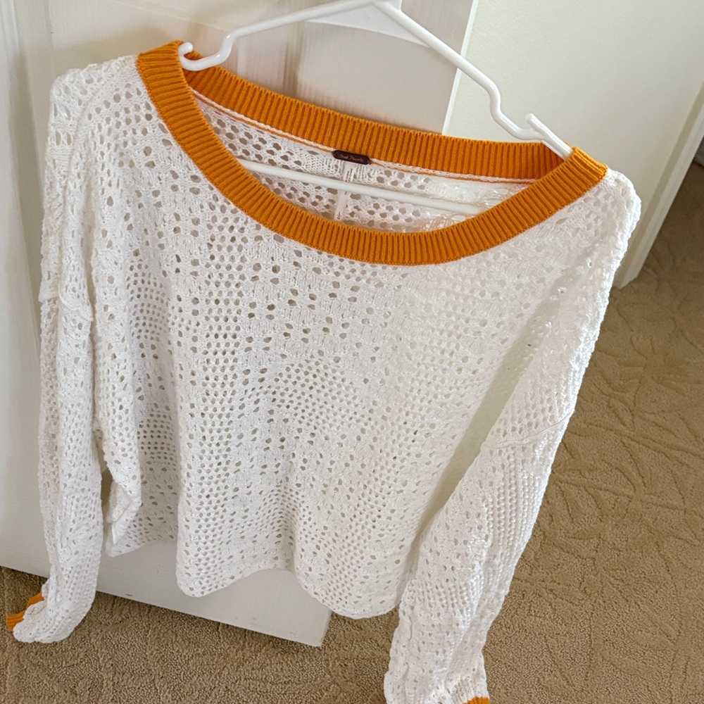Free People Crochet Sweater in White and Orange